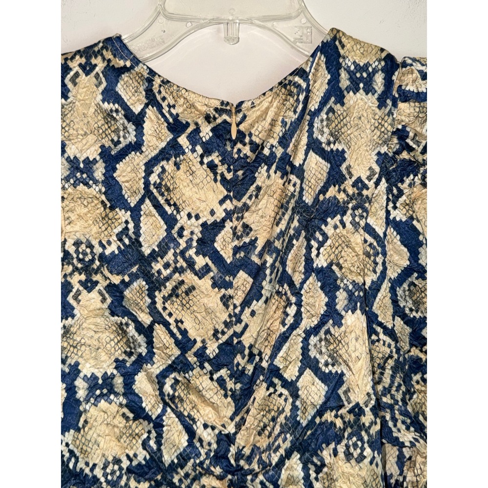 NWT Ganni Midi Dress Womens 6 Blue Tan Snakeskin Ruched Puff Sleeve - Picture 7 of 15